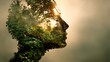 © Supachok - conceptual art of human head silhouette filled with lush green garden inside, warm sunlight filtering through, symbol of inner peace and healing, soft focus, earth tone palette,