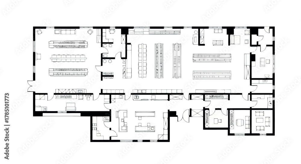 Architectural floor plan of a commercial building, possibly a retail ...