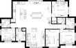 © SampaRani - Detailed floor plan of a spacious house with four bedrooms, openplan living, and kitchen