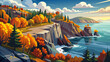 © williamnoah - Very beautiful panoramic view of Minnesota’s North Shore along Lake Superior, showcasing brilliant fall colors, rugged shoreline, forested cliffs, and a realistic vibrant autumn landscape under clear