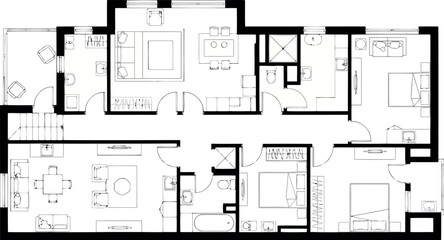 Naklejka na meble Architectural floor plan of a spacious apartment with multiple bedrooms and living areas
