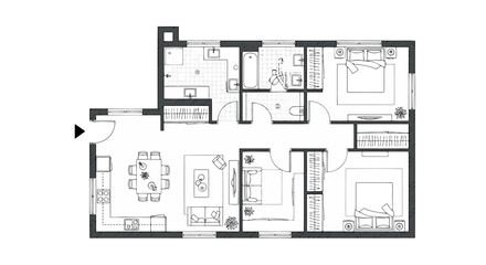 Naklejka na meble Floor plan of a compact apartment featuring two bedrooms, a living area, and kitchen