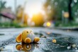 © Konstiantyn Zapylaie - Toy rabbit sitting on wet street after rain at sunrise