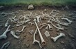 © Vadym - Pile of animal bones and skeletons scattered on dirt ground. Some ribs and skulls visible. Dry earth and green grass in background. Rural area debris.