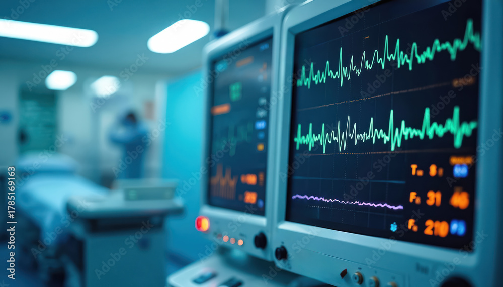 Medical monitors in ICU setting display vital signs. Patient monitoring ...