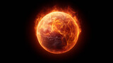 A planet ablaze with orange and red flames, surrounded by an ethereal glow. The dark backdrop emphasizes the intensity of the fire and hints at extraordinary cosmic phenomena