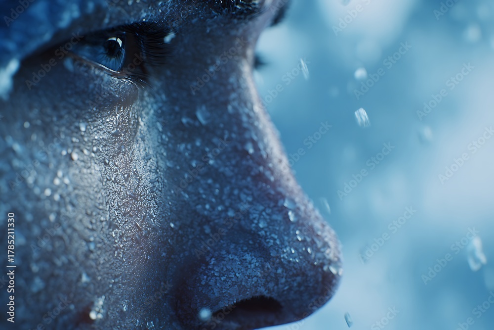 Extreme close-up of a human face covered in ice crystals and frost ...