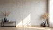 © Vadym - Light color wall interior empty room background for online presentations. Simple room with wooden floor and large window with white curtain. Grey vases with dry plants on black table and floor.