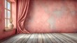 © Anuson - Interior of empty room with textured coral wall, wooden floor, window with curtains, and vase on window sill.