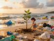 © Ferryansyahniko - A tiny little girl, dressed in simple clothes, is planting a small tree amidst the sandy beach filled with plastic waste and pollution caused by human activities.