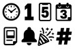 © Farid - Brutalist Social Countdown Icons. Social Media Countdown bold vector icon set: clock face, number countdown, phone screen, calendar flip, post reminder, alert notification,