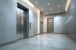 © free - Modern elevator lobby with polished floors and metallic doors.