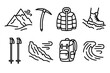 © Mihail - Winter Trek Icons. Winter Mountain Trek outline icon set: snow-covered peak, ice pick, layered jacket, boots in snow, trekking poles, frozen ridge, backpack, wind gust lines.