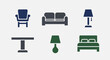© gudangPIXEL - A collection of simple furniture icons in different colors including a chair, sofa, lamp, table, bed, and another lamp, likely for UI design