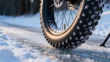 Close-up of a rugged fat bike tire with spikes, resting on a frozen icy surface, surrounded by snow-covered terrain, showcasing winter cycling equipment and outdoor adventure possibilities
