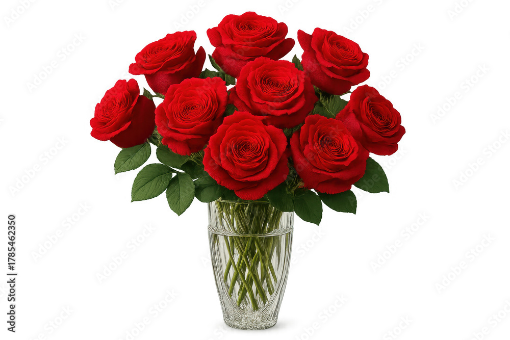 Red roses bouquet in glass vase on transparent background expressing ...