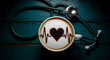 © creative - World Health Day. Health Care for Coffee Lover and Heart Disease Concept. Latte Art by Cinnamon on Top as Heart Shape and Pulse Beat Rate. Hot Coffee Cup Lay on Table inside Stethoscope. Top View
