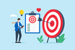 © VZ_Art - Flat illustration of businessman setting measurable goals and focusing on success target with planning strategy clear vision and motivation to achieve bullseye