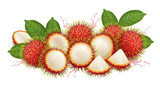 Fresh rambutan fruits with leaves isolated on transparent background, healthy food