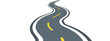 © YEVHENIIA - Winding highway with curve perspective showing asphalt path on white backdrop. Vector illustration features grey pavement with yellow lane markings, white border lines. Graphic icon for journey