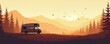 © Maryna - Camper van rests on grassy hill overlooking misty mountains at sunrise. Evergreen trees flank meadow. Birds fly over vast valley in warm orange hues. Peaceful nature escape.