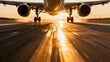 © Video80X - An airplane is seen taking off on a runway during sunset, with golden light reflecting off the pavement and the aircraft.