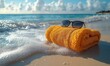© Juboraj - Orange towel and sunglasses on sandy beach with ocean waves