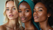 © Maryna - Three beautiful women with diverse skin tones face camera. The models show natural beauty and harmony. Close up portrait of multicultural female faces. Beauty photoshoot.