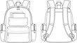 © Hasan Creatives - Front and back view of modern school backpack with books inside pocket, detailed vector line drawing for education and travel design