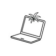 © Tareq's ART - A minimalist line art illustration of an open laptop with a sprig of palm leaves emerging from the top edge of the screen, suggesting a tropical or vacation theme