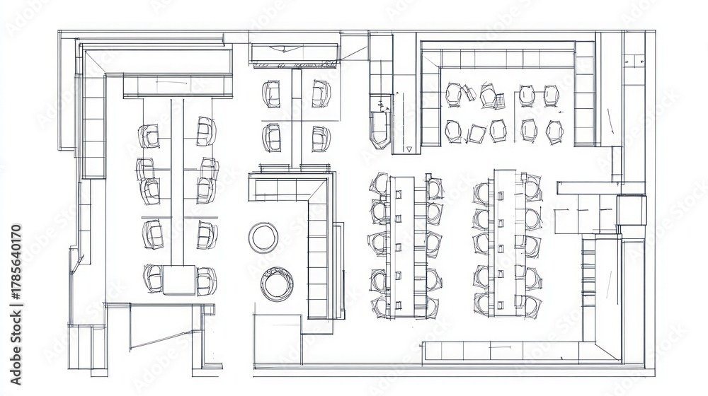 Office floor plan with tables, chairs, and open area for collaboration ...