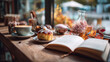 © Shahazadi - Still life of coffee pastry and open book on wooden table near window display