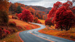 © Shahazadi - Winding road through autumn landscape with red and orange trees under cloudy sky