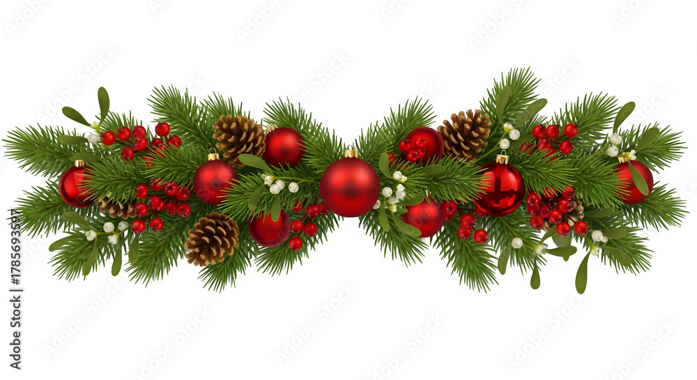 Festive christmas garland with red baubles pine cones and green fir ...
