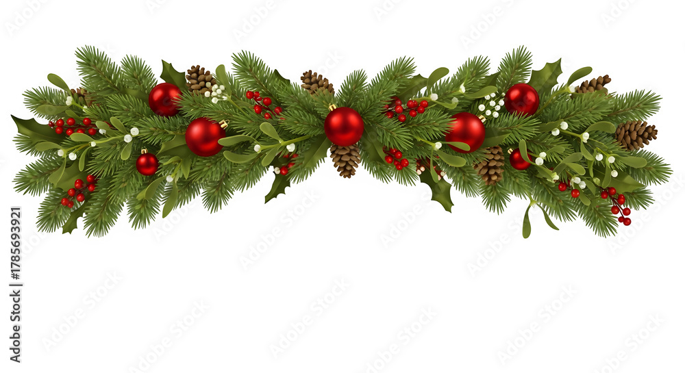 Festive green christmas garland adorned with red ornaments pinecones ...