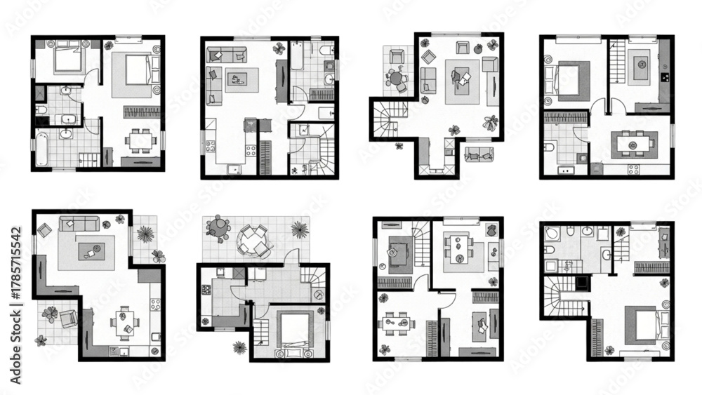 Diverse collection of contemporary residential floor plans, showcasing ...