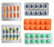 © AbdulWaheed - group of diverse colorful medication capsules and round tablets presented inside sealed blister packaging, isolated on a clean transparent background.