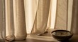 © ThanhLuan - 부드러운 햇빛 아래 우아하게 드리워진 베이지색 커튼과 잔잔한 물그릇