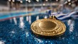 © Tanu - Shining gold medal resting on a reflective surface near a swimming pool during a competitive event in a sports facility
