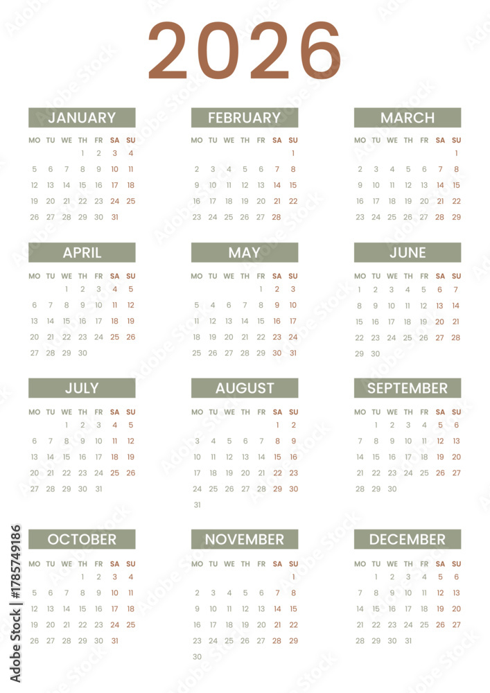 English 2026 year calendar vertical page template week starts on Monday ...
