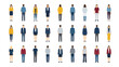 © grvect02 - Flat Vector Characters Set. Diverse people icons showing men and women in various professional and casual attire, isolated figures with front and back views for demographic representation.