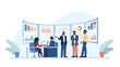 © Shoni - Diverse business team collaborating and analyzing financial data charts on a large curved screen in a modern office setting