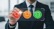 © Md - Businessman selecting a positive customer feedback rating on a digital screen with happy face icon