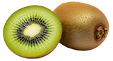 Closeup of a whole and a halved kiwi fruit isolated on transparent background, showcasing the vibrant green flesh and black seeds