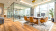 © Virtual backgrounds - Modern blurred office interior, minimalist and luxurious style with warm natural light and neutral tones. Perfect for virtual meetings, Zoom backgrounds, website design, and professional presentati