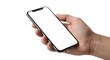 © one archive - Hand holding a modern smartphone with a blank white screen, perfect for showcasing apps or designs
