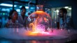 © Sumon - Scientists Observe Glowing Chemical Reaction in Laboratory Flask with Smoke science experiment