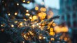 © tao - Close - up of a Christmas tree with pine branches and light bulbs creating a bokeh effect against a blurred background, symbolizing the warm and cozy Christmas atmosphere.