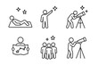 © Александр Михайлюк - Stargazing Line Icons. Line style icons of stargazing activities: laying on blanket, pointing at sky icon, setting up telescope,