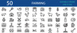 © Fifty Icons - Editable stroke icon set of agriculture and farming elements. Includes tractor, barn, animals, crops, greenhouse, farmer, tools, food baskets, and irrigation for organic production.